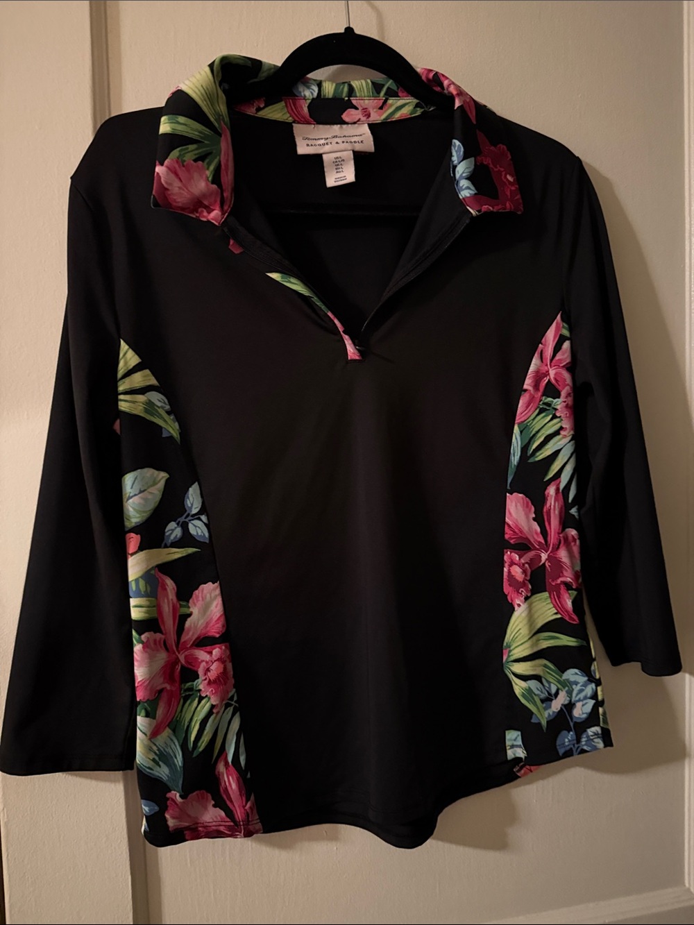 Tommy Bahama Black Pullover Top with Pink Floral & Green Leaf Panels